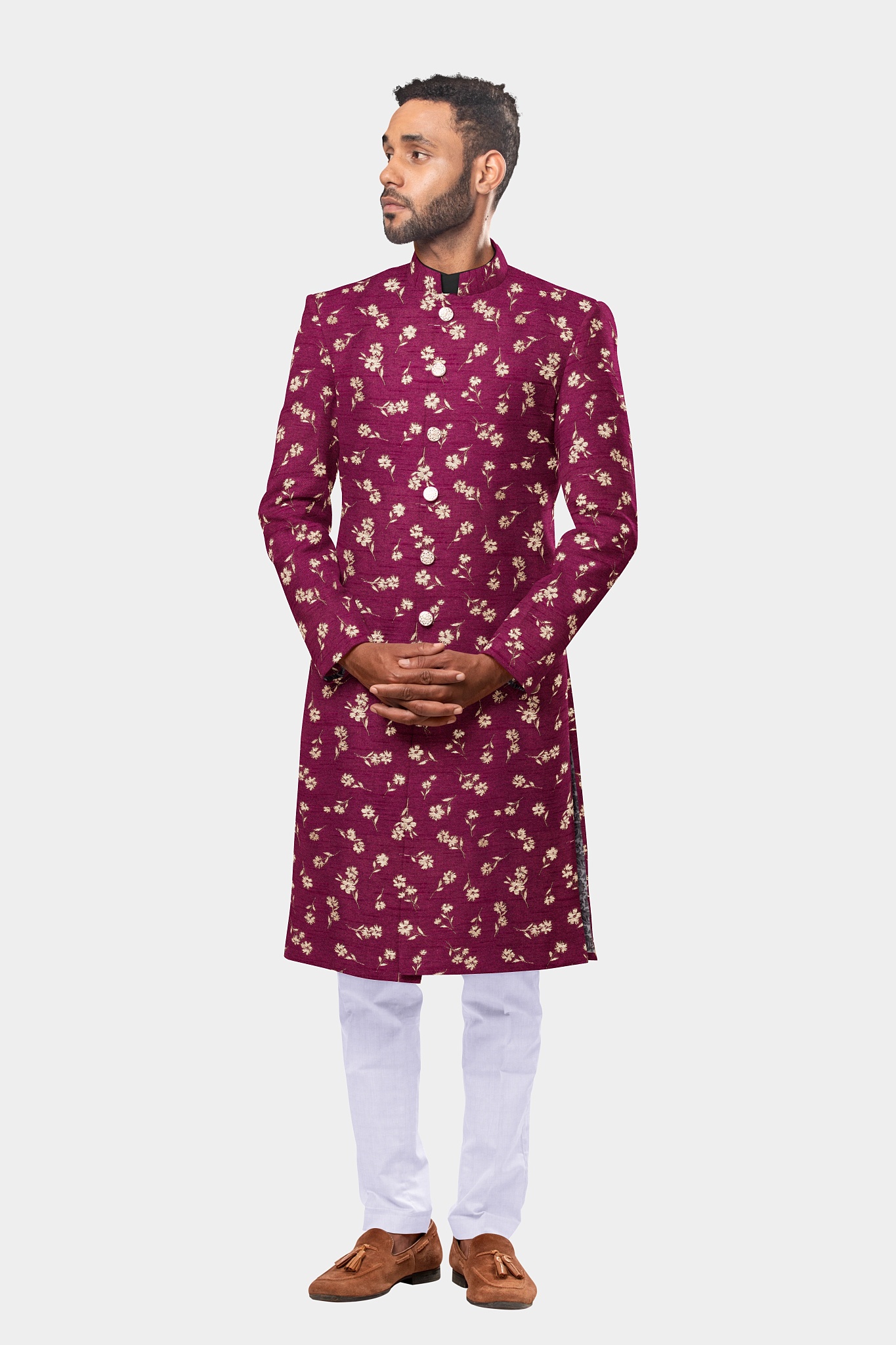 Regal Maroon Blossoms with Golden Floral Designed Sherwani 124JK